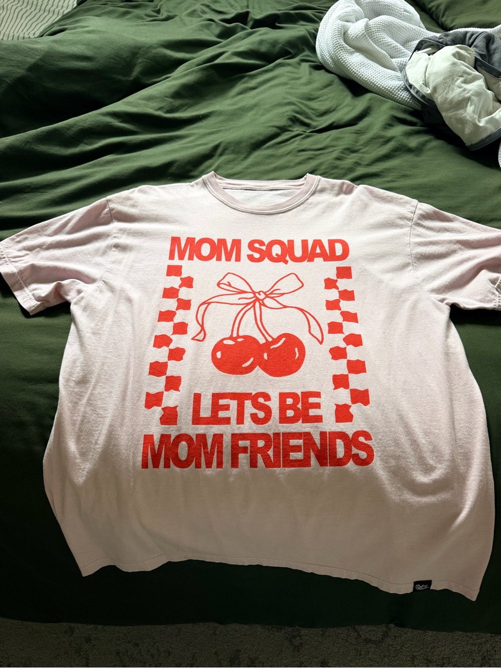 Mom Squad Cherry Graphic Tee - Pink with Red Print